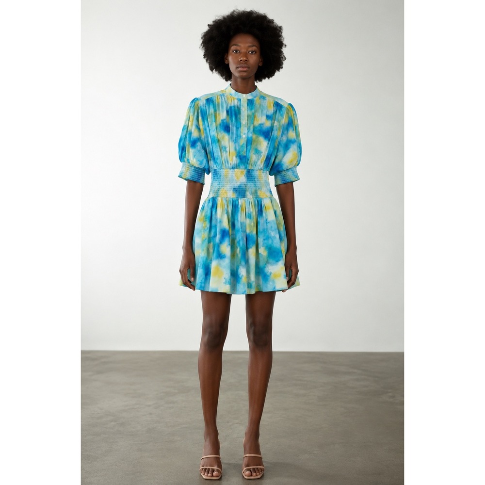 Never A Wallflower Smocked Waist Puff Sleeve Mini Dress Blue Yellow Tie Dye XS